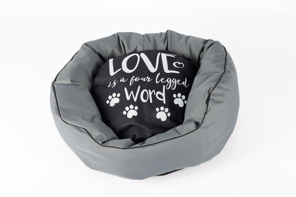 Medium Round Canvas Dog Bed with Cute Saying Cushion – Stylish & Comfortable Pet Bed for Dogs